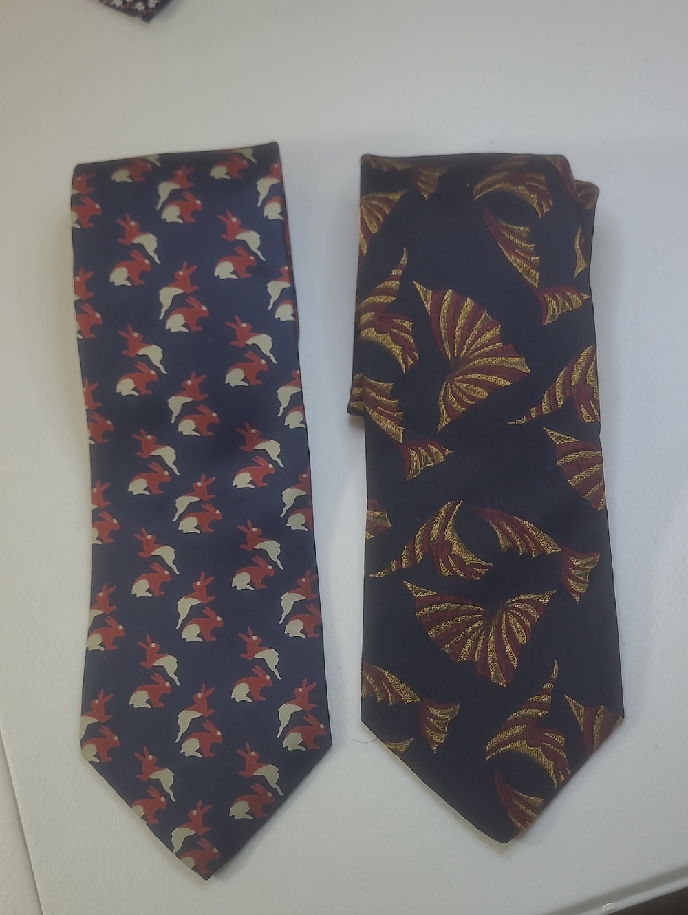 TWO Lands' End Men's  Ties. 1 Navy with Red, Cream, 2 Navy/ Gold Patterns (Pair)